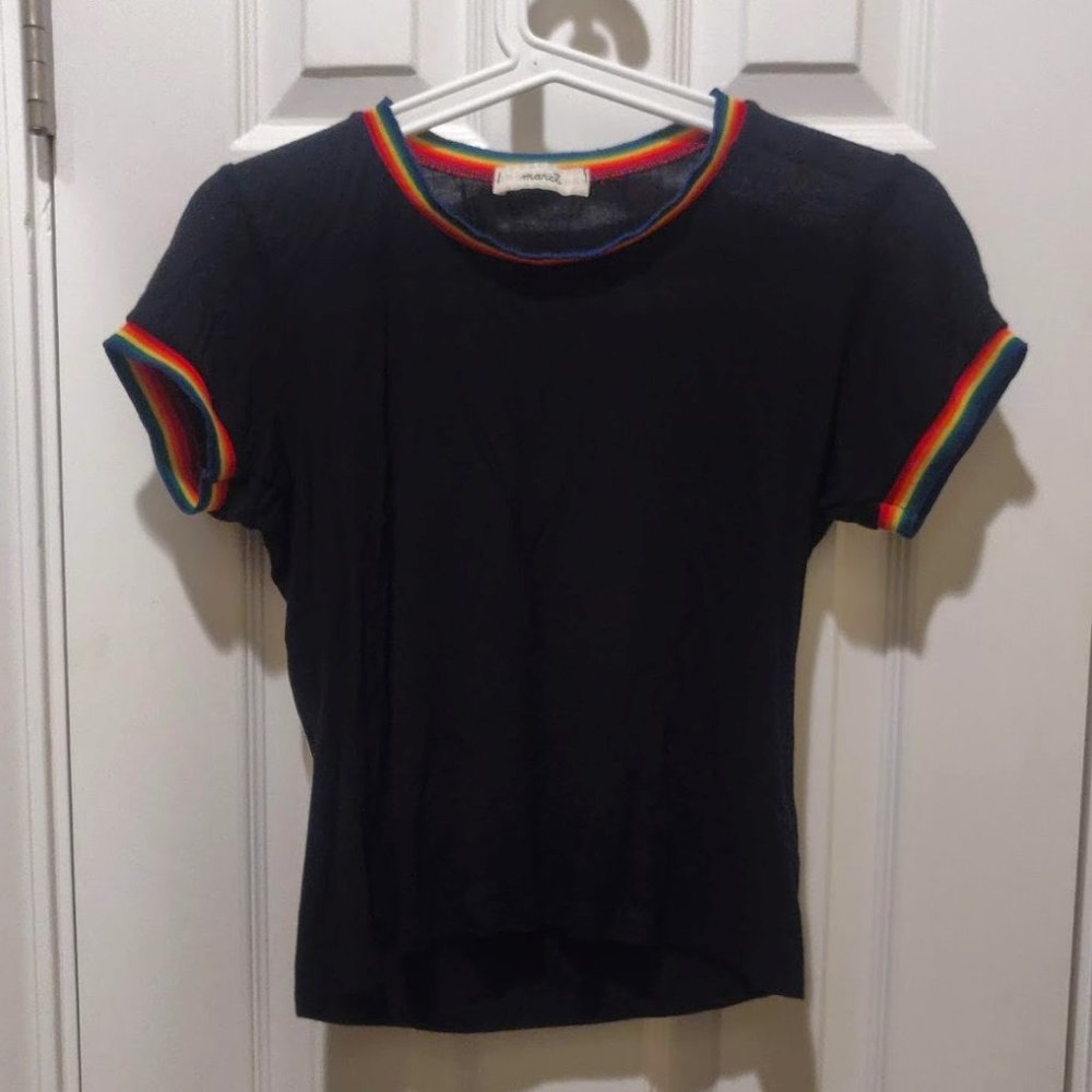 Marci Sheer T-Shirt with Rainbow Sleeves, Size XS